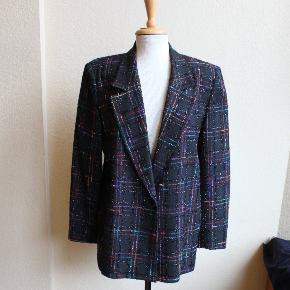 Vintage Da-Rue California Black Colorful Rainbow Plaid Womens Blazer 40" bust M